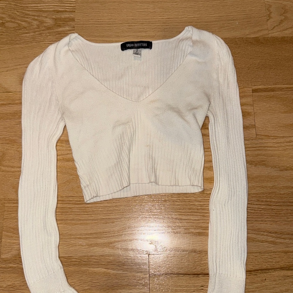 Urban Outfitters Cream Ribbed V-Neck Crop Top